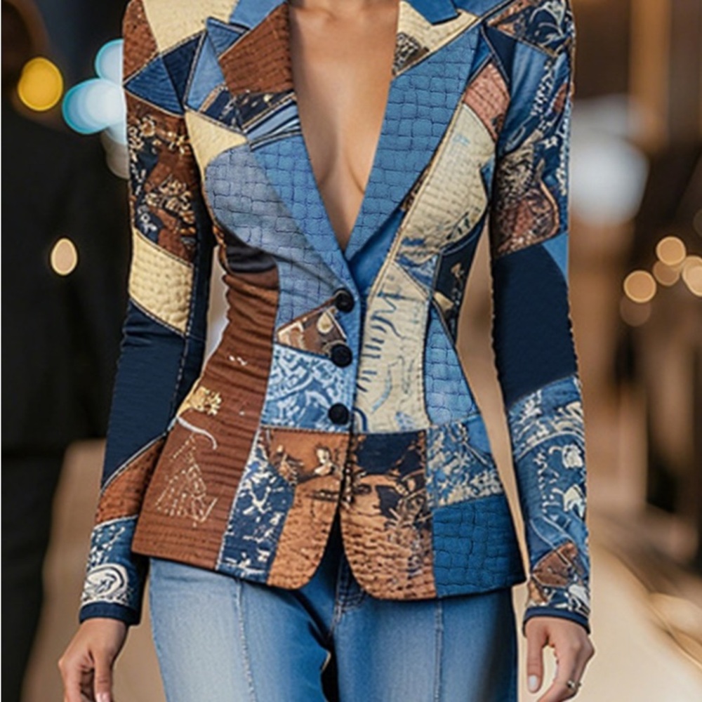 STYLEWE Patchwork Blazer in Blue, Brown, and Cream
